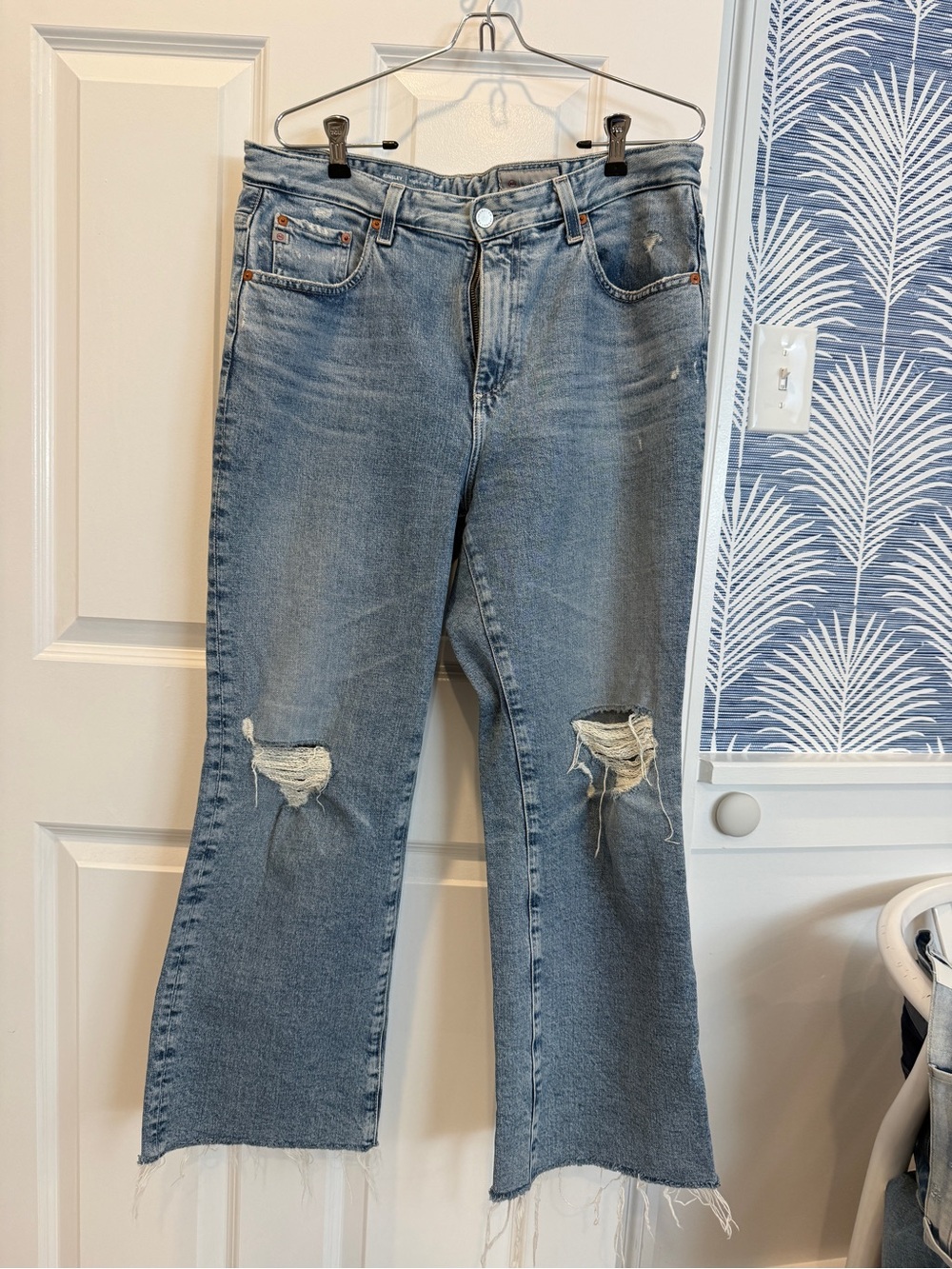 AG Adriano Goldschmied Light Blue Distressed Wide-Leg Jeans